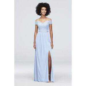 Davids Bridal Formal Gown Womens 2 Light Blue Off Shoulder Slit Lace‎ Prom Dress